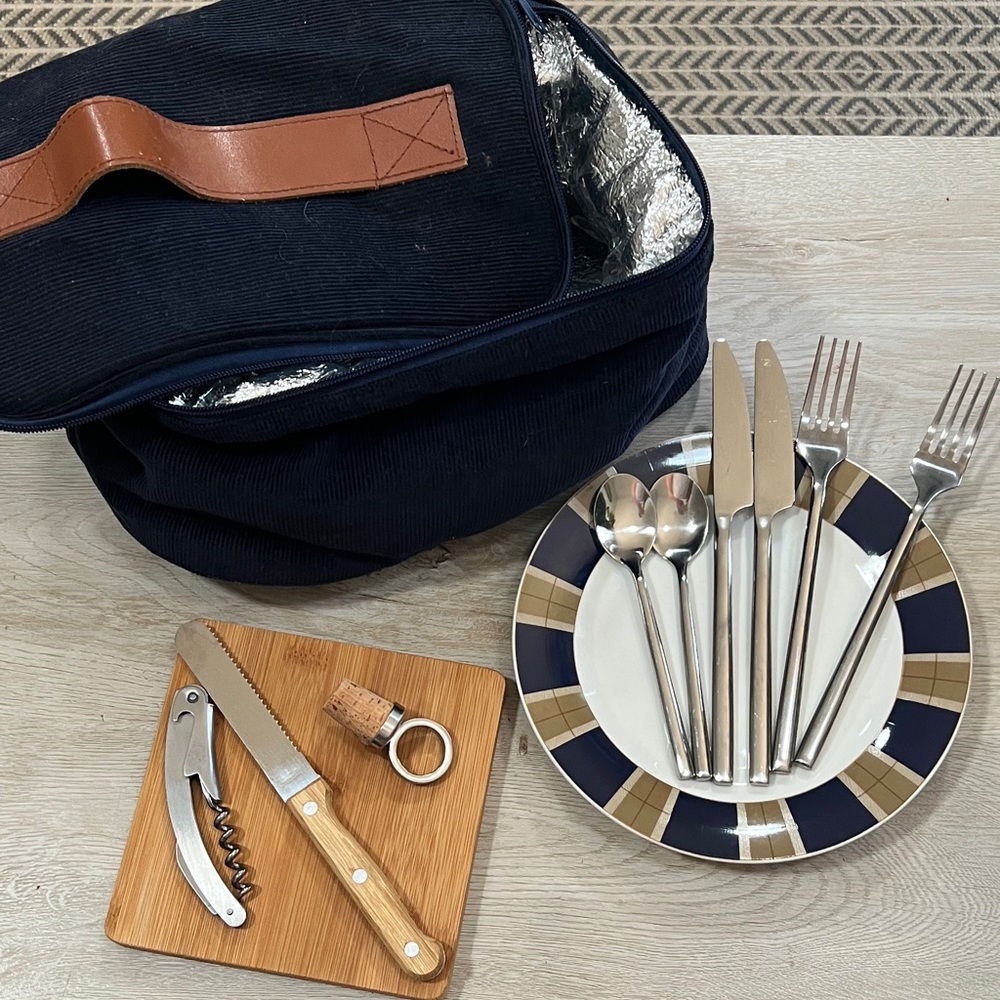 Stainless Steel Picnic Cutlery Set with Blue and Tan Accents